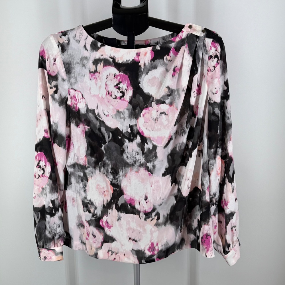 Liz Claiborne Petite Pink Black Floral Long Sleeve Blouse‎ Pleated Shoulder PL
